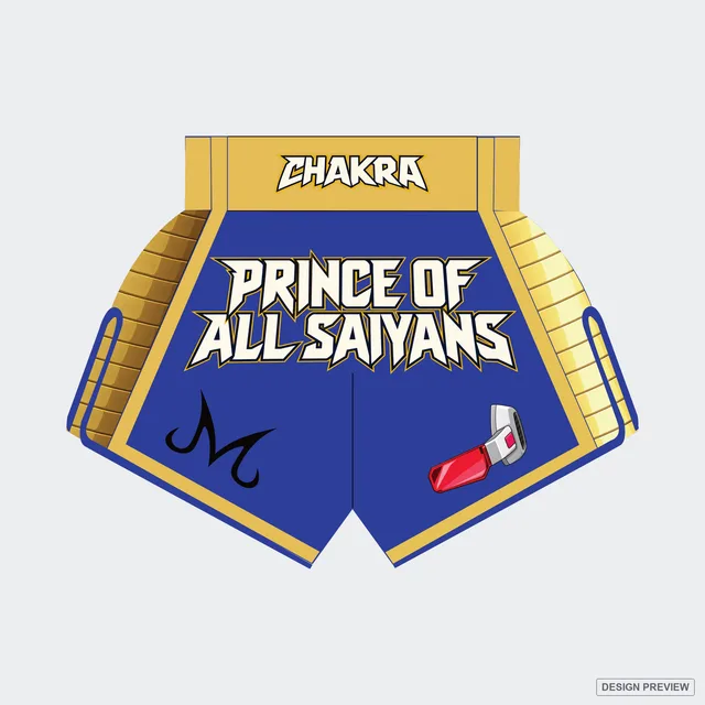 Design preview, front: royal blue CHAKRA shorts with gold side panels and PRINCE OF ALL SAIYANS lettering